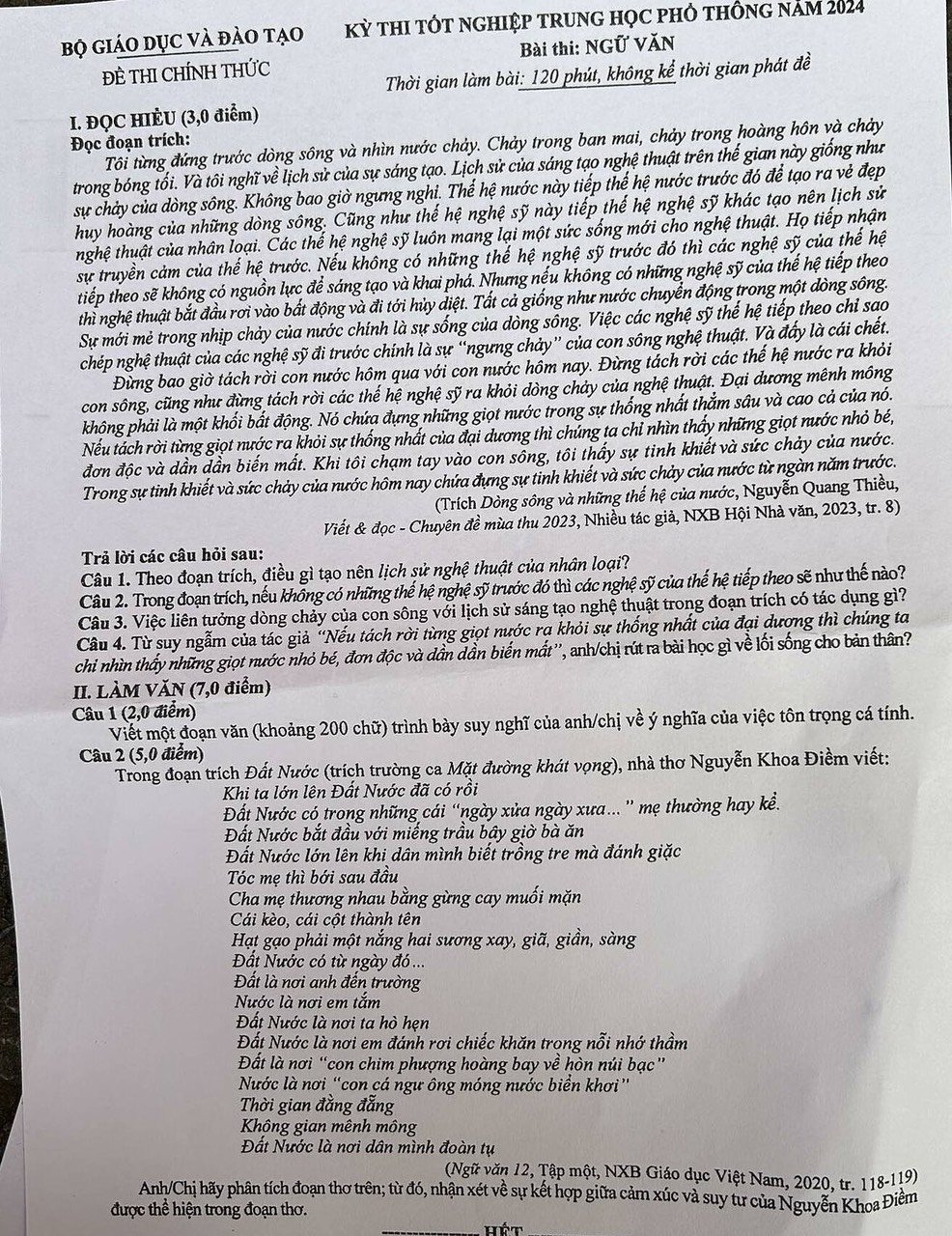 Đề thi tốt nghiệp THPT năm 2024 môn Ngữ văn